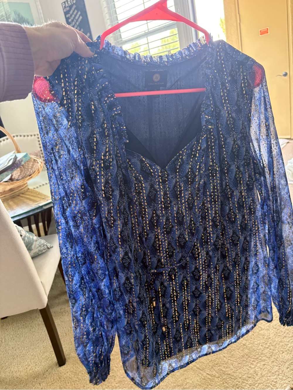 JM Collection Sheer Navy Blue Patterned V-Neck Blouse